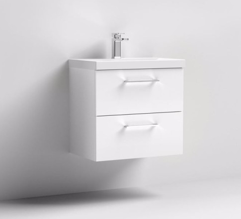 Nuie Arno White Gloss 600mm Wall Hung 2 Drawer Vanity Unit & Basin